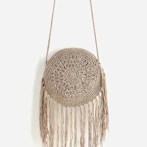 Bohemian Knit Fringe Round Straw Cross body Bag - Picture 3 of 5
